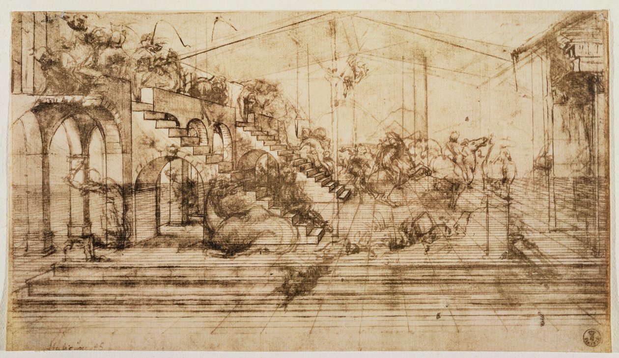 Perspektivní studie na pozadí Klanění tří králů (pero a inkoust na papíře) od Leonardo da Vinci