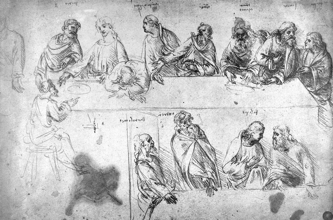 Přípravná kresba k Poslední večeři (sépiová tuš na lněném papíře) od Leonardo da Vinci
