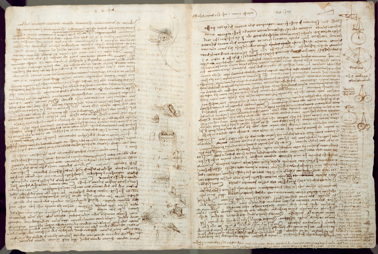 Vědecké diagramy z Codexu Leicester, 1508-12 (sépiový inkoust na lněném papíře) od Leonardo da Vinci