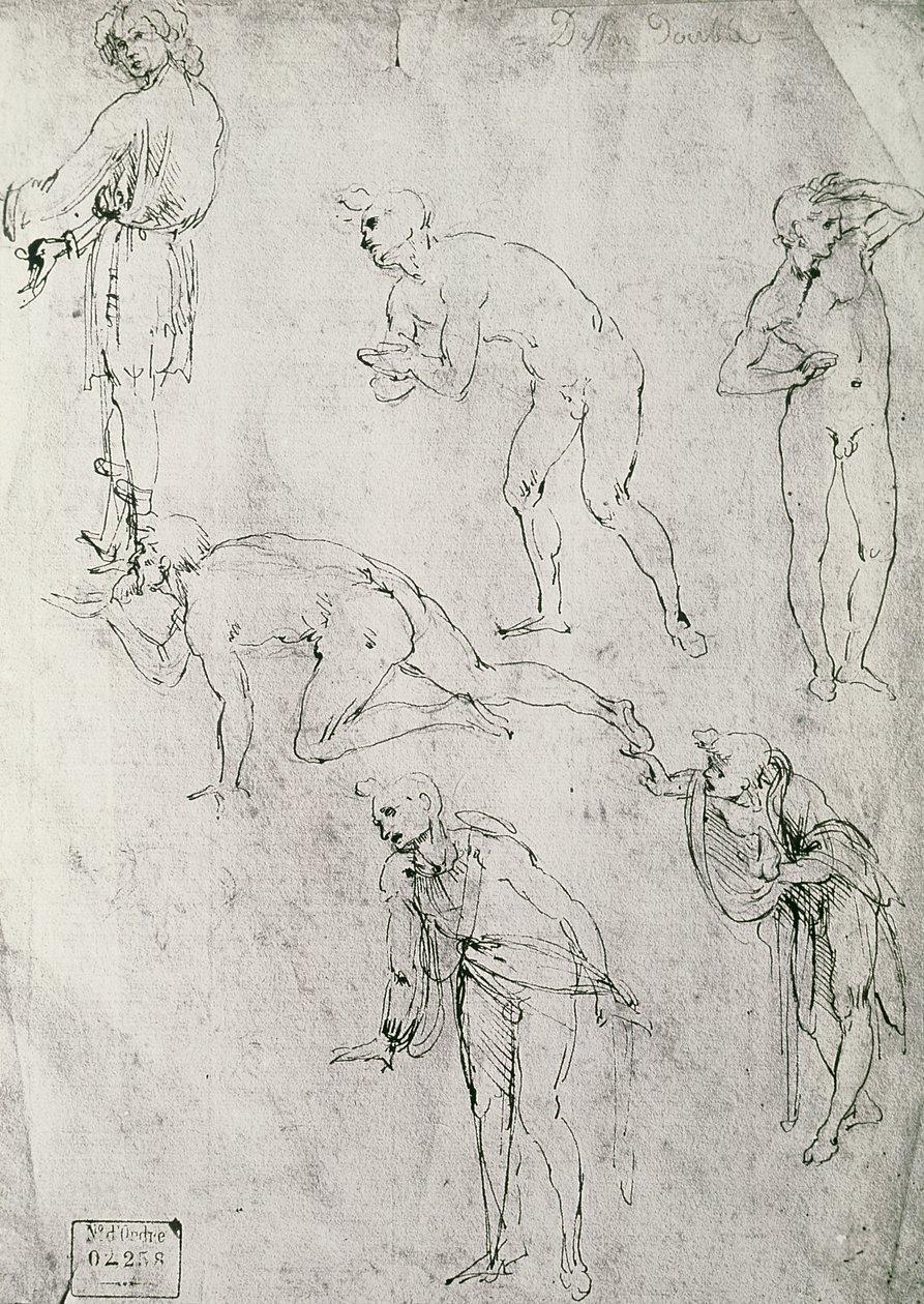 Šest figur, studie ke Zjevení Páně (pero a inkoust na papíře) od Leonardo da Vinci