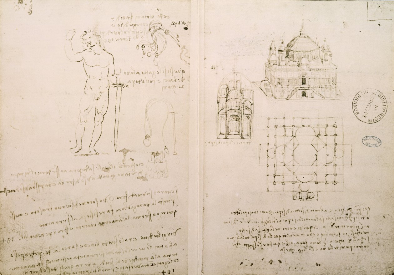 Náčrt kostela podobného sv. Sepolcro v Miláně, fol. 4r z Codex Ashburnham I a II (dříve součást Ms B (2184) a Ms A), c.1492 od Leonardo da Vinci