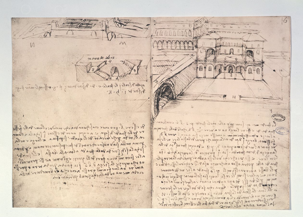 Schodiště, fol. 15v, a architektonická skica "Ideálního města", fol. 16r, z Pařížského rukopisu B, 1488-90. od Leonardo da Vinci