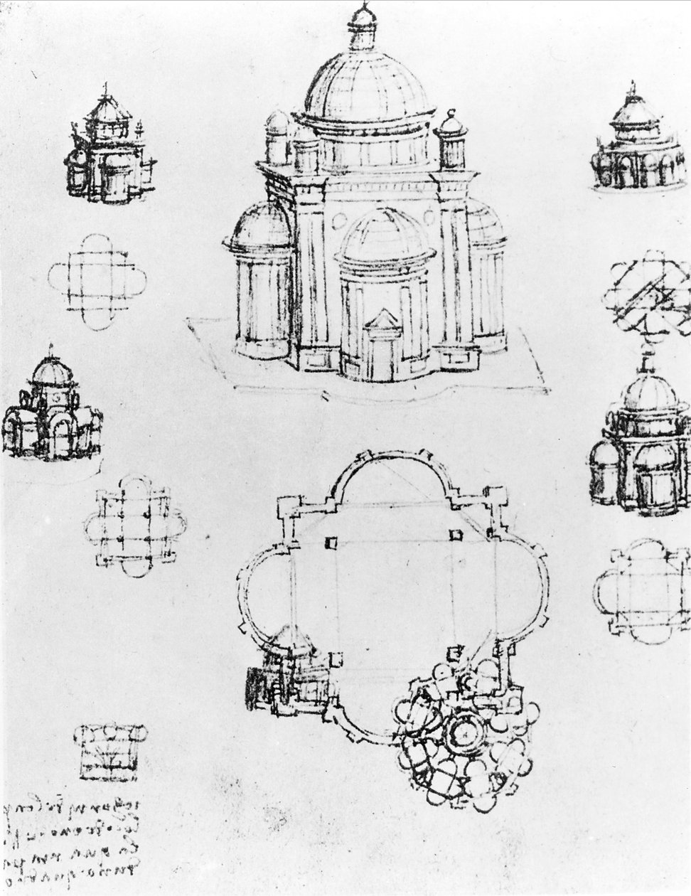 Studie na stavbu centralizovaného plánu, detail fol. 3v z Codex Ashburnham I a II dříve součástí rukopisu B 2184, c.1492 pero a inkoust na papíře od Leonardo da Vinci