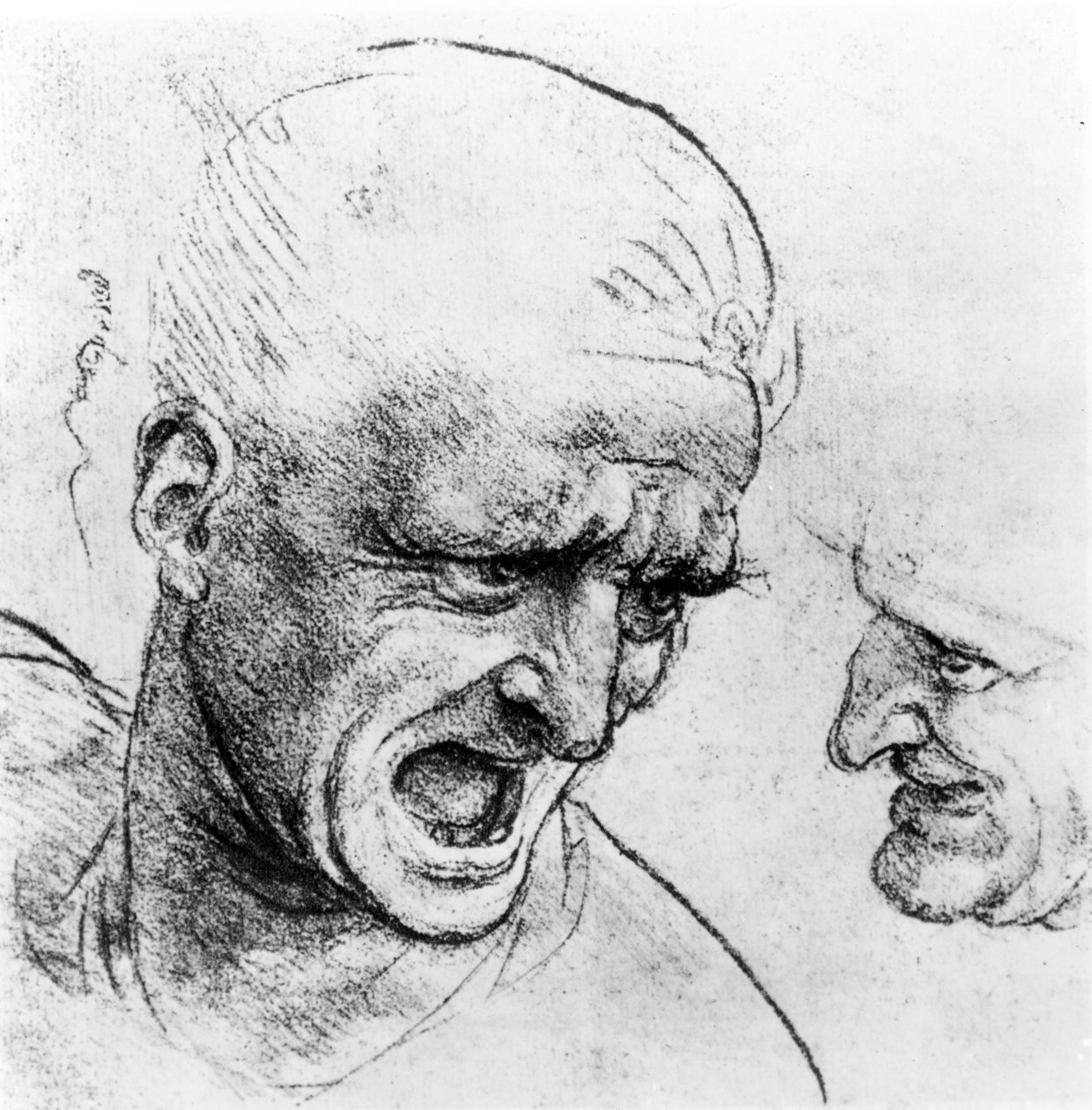 Studie pro hlavy dvou vojáků v "Bitvě u Anghiari", asi 1504-05 (černá křída nebo uhel na papíře) od Leonardo da Vinci