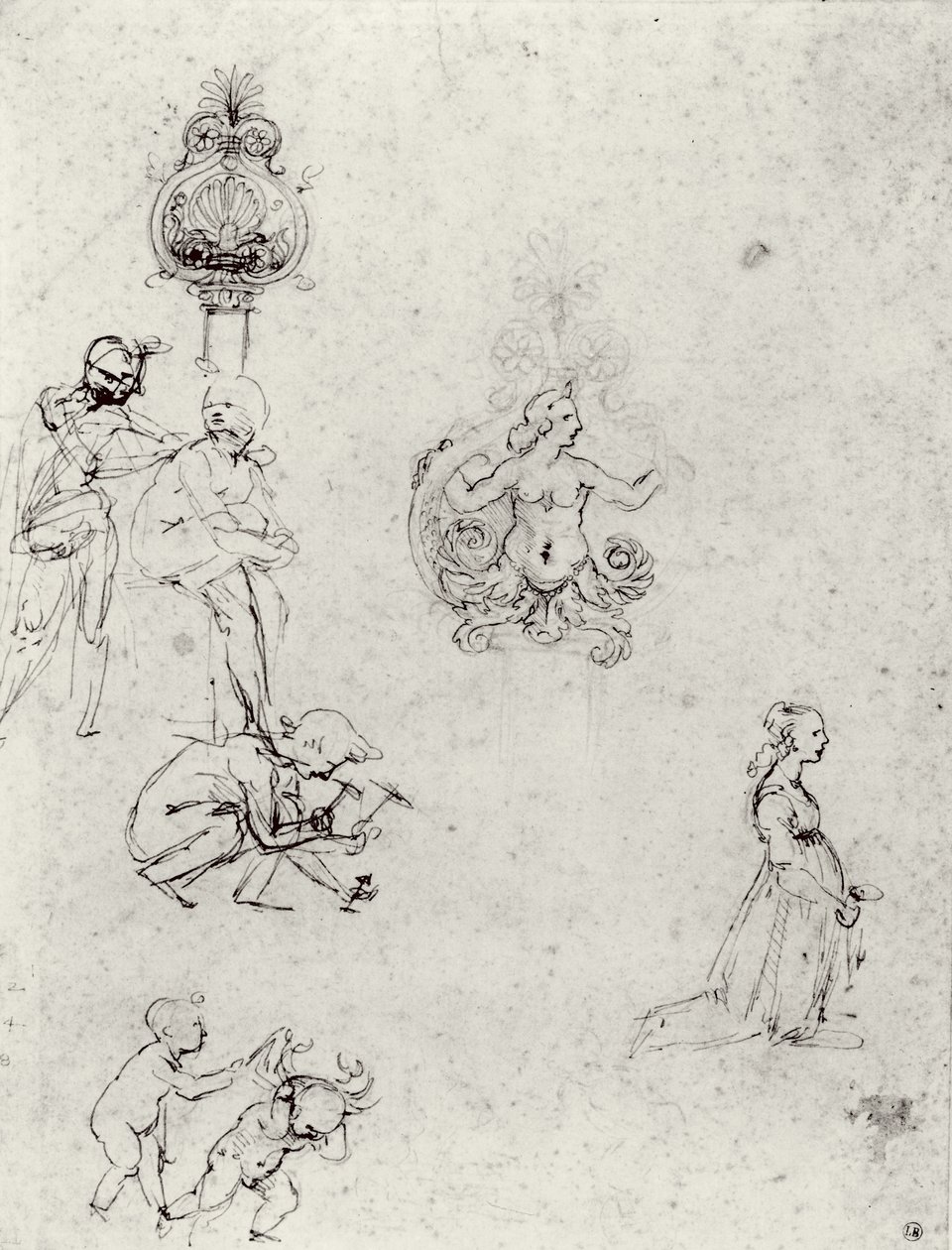 Studie figur a dekorací, c.1480-82 (pero, inkoust a kovový hrot) od Leonardo da Vinci