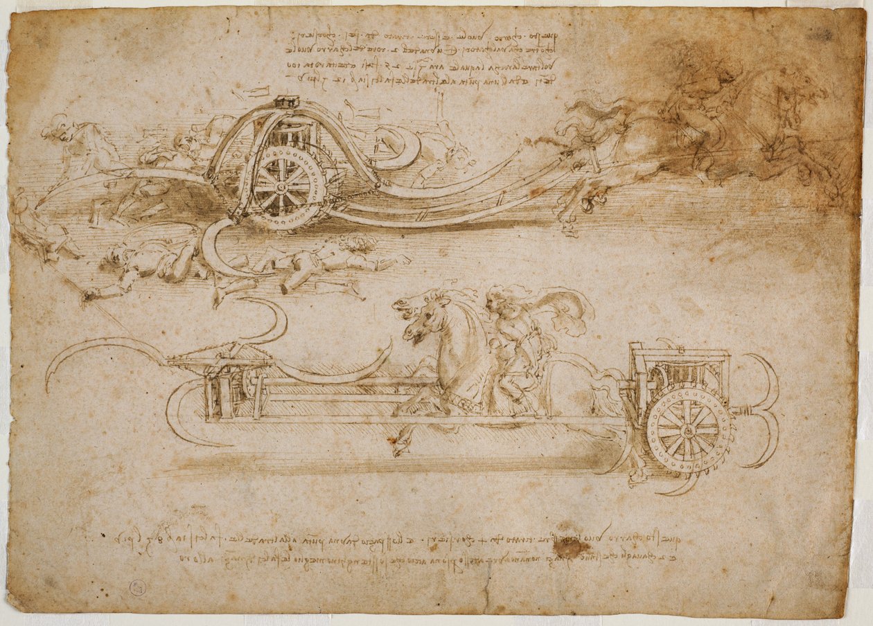 studie útočných tanků s kosami, c. 1485 (pero a hnědý inkoust se stopami kovového hrotu na papíře) od Leonardo da Vinci