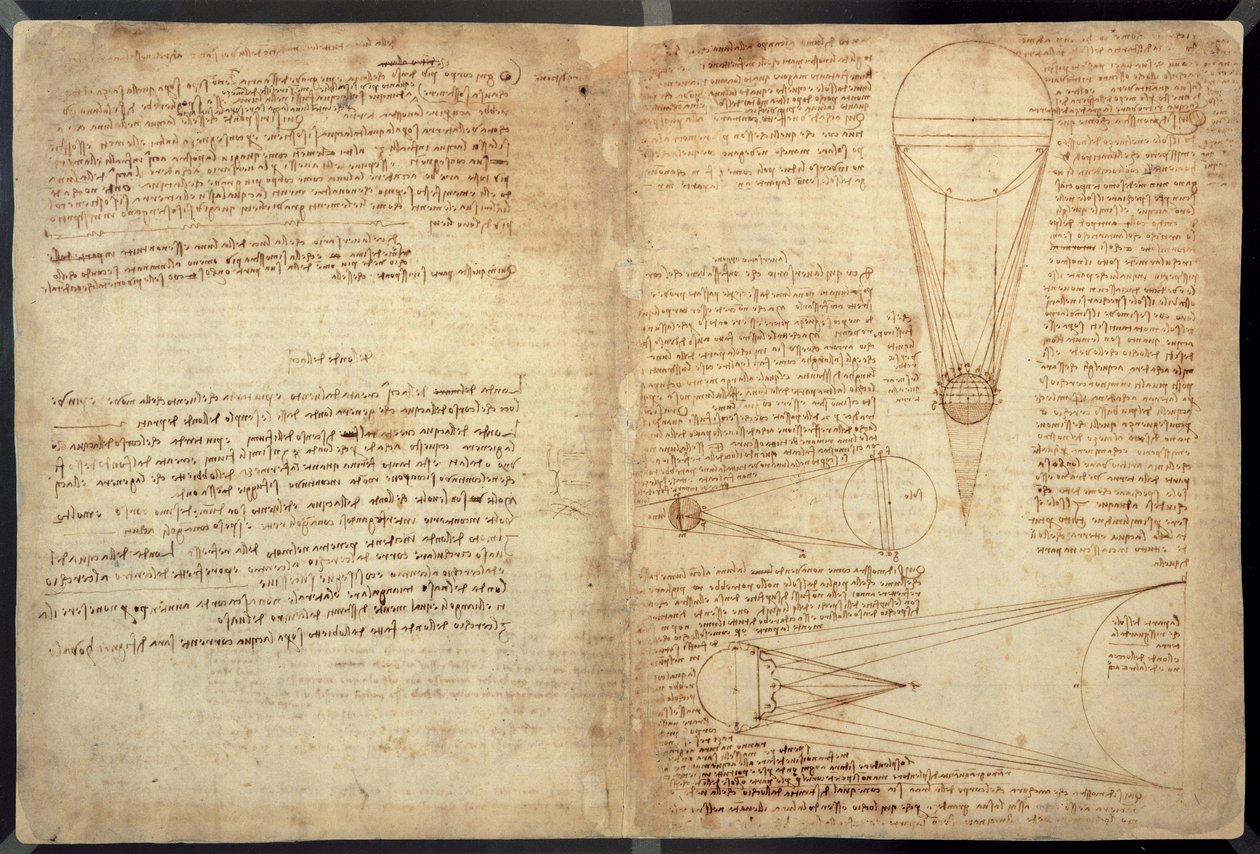 Studie osvětlení Měsíce, stránka z Codexu Leicester, 1508-12 (sépiový inkoust na lněném papíře) od Leonardo da Vinci