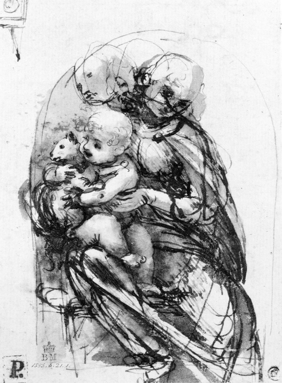 Studie pro Madonnu s kočkou, cca 1478-80 (pero a inkoust přes podkreslení stylusu na papíře) od Leonardo da Vinci