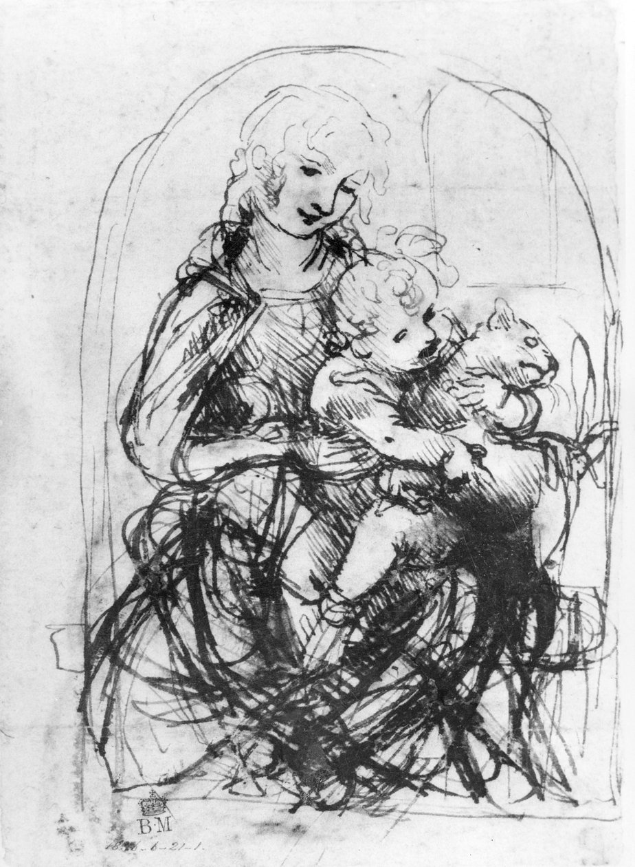 Studie k Madoně s kočkou, asi 1478-80 (perem a tuší na podkresbě rydlem na papíře) od Leonardo da Vinci