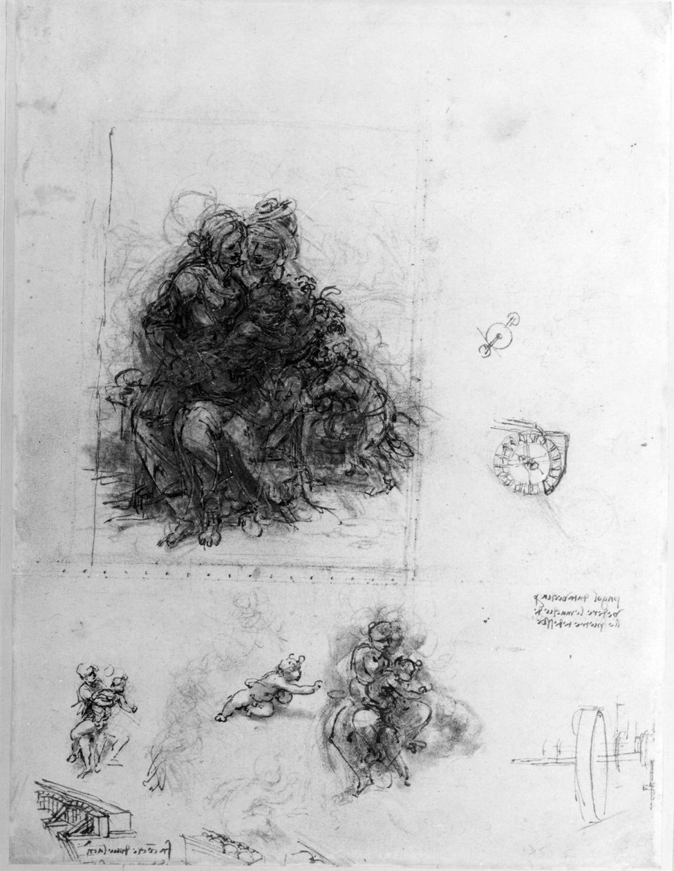 Studie pro Pannu a dítě u sv. Anny, kolem 1501 (pero a inkoust přes černou křídu na papíře) od Leonardo da Vinci