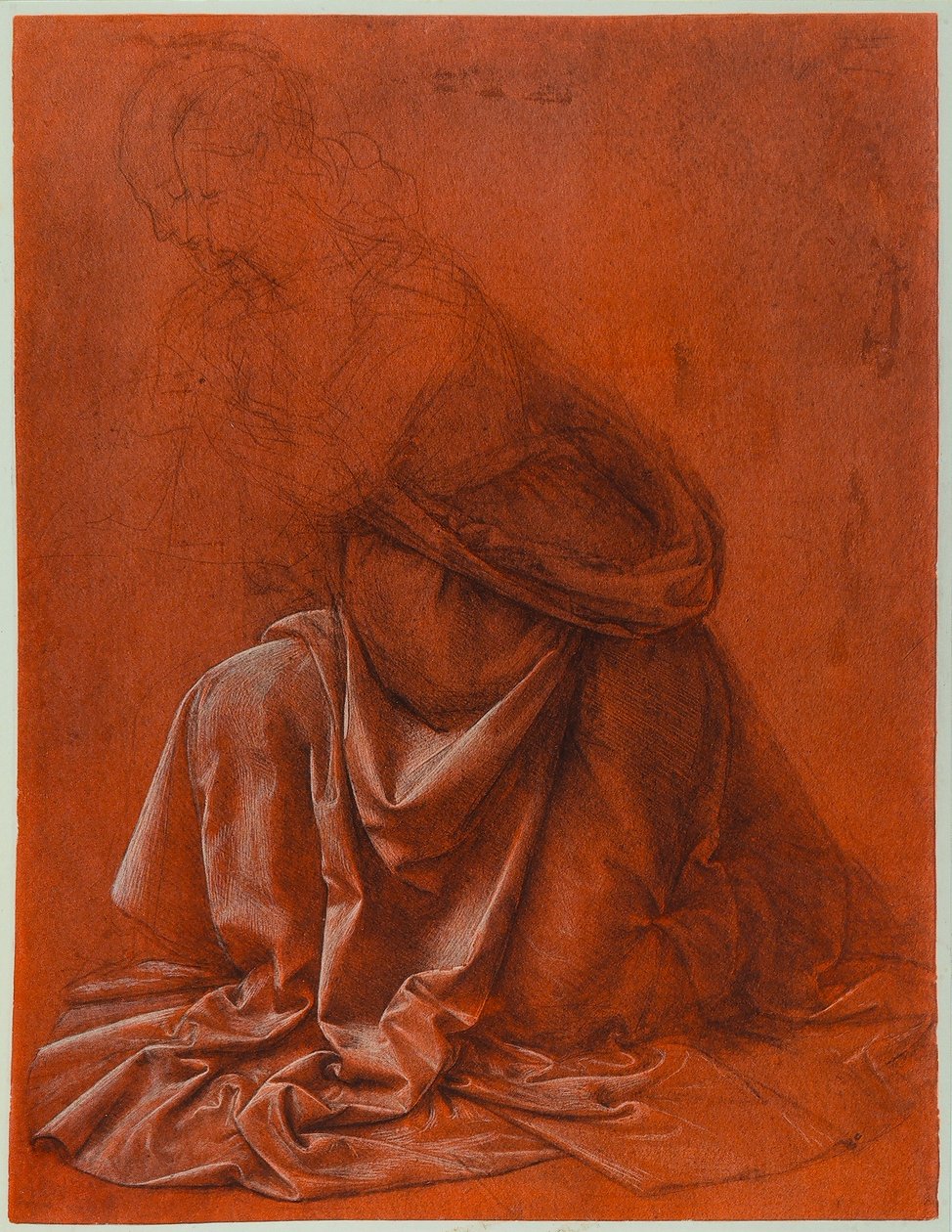 Studie na záhyby šatů ženské postavy; silverpoint a lavírovaná kresba zvýrazněná bílou na červeném papíře, od Leonarda da Vinci. Galleria Nazionale dArte Antica, Palazzo Corsini, Řím od Leonardo da Vinci
