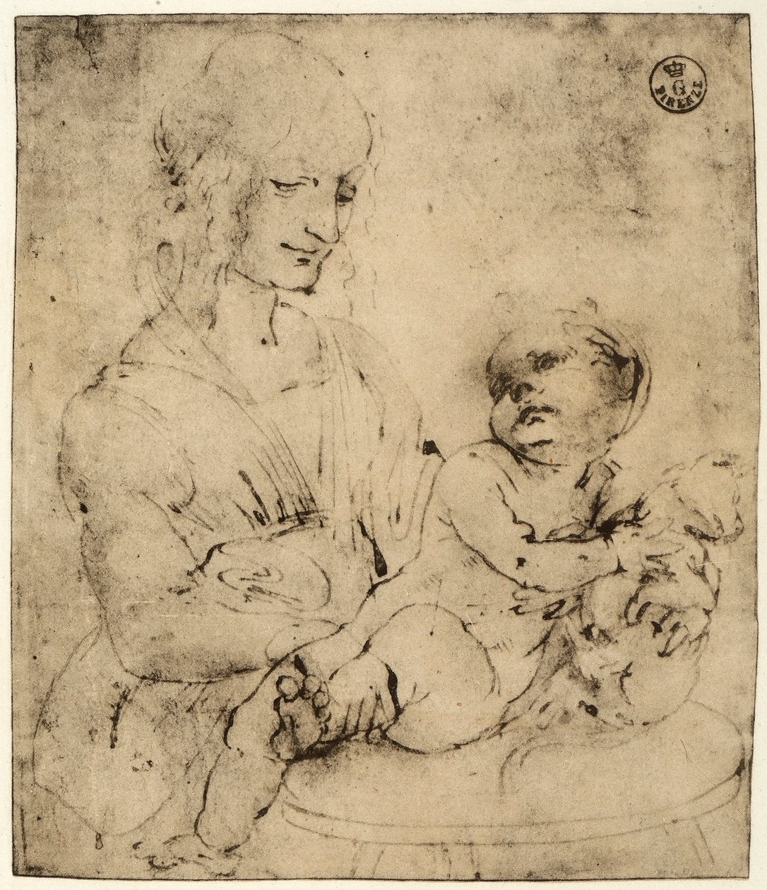 Studie Madony s dítětem (černá tuš na papíře) od Leonardo da Vinci