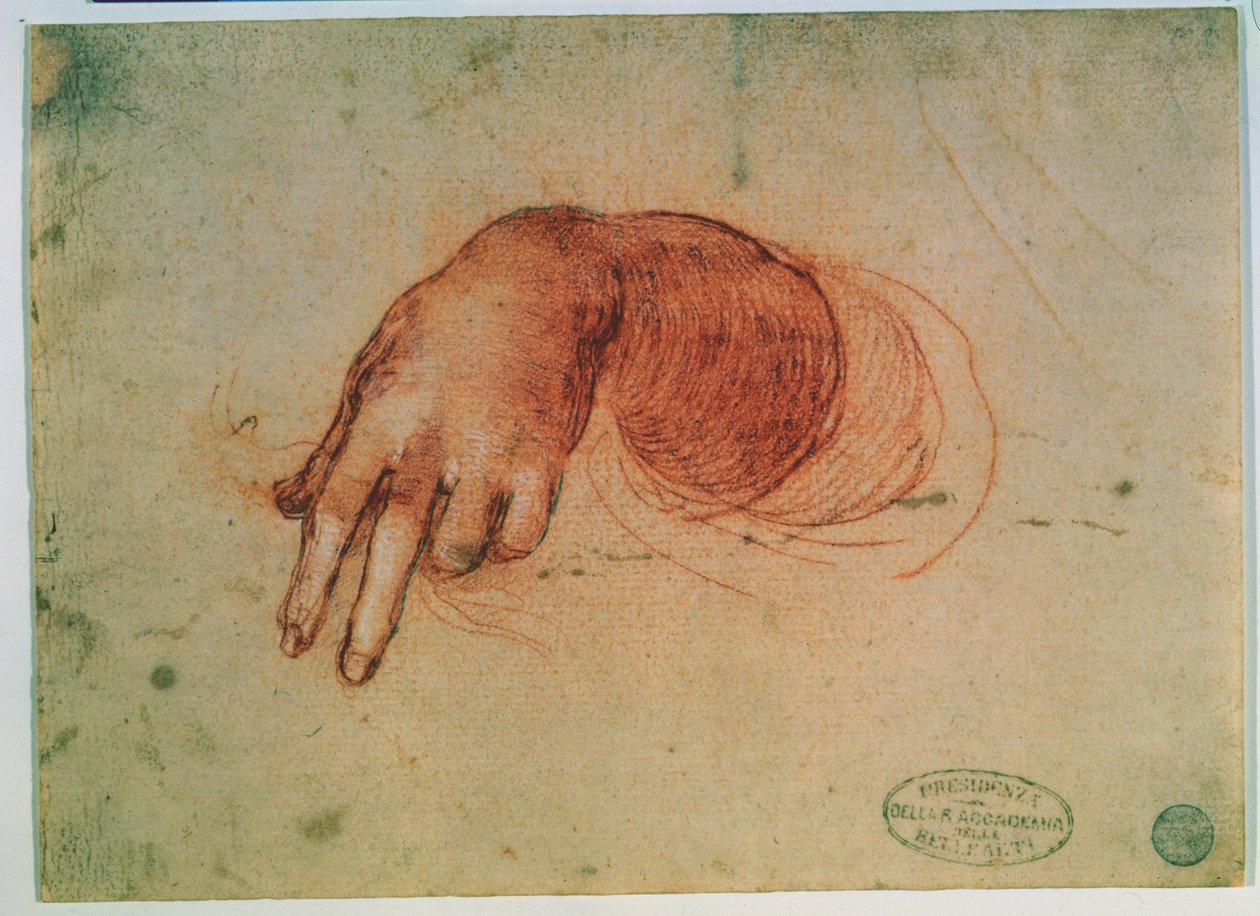 Studie ruky (červená křída na papíře) od Leonardo da Vinci