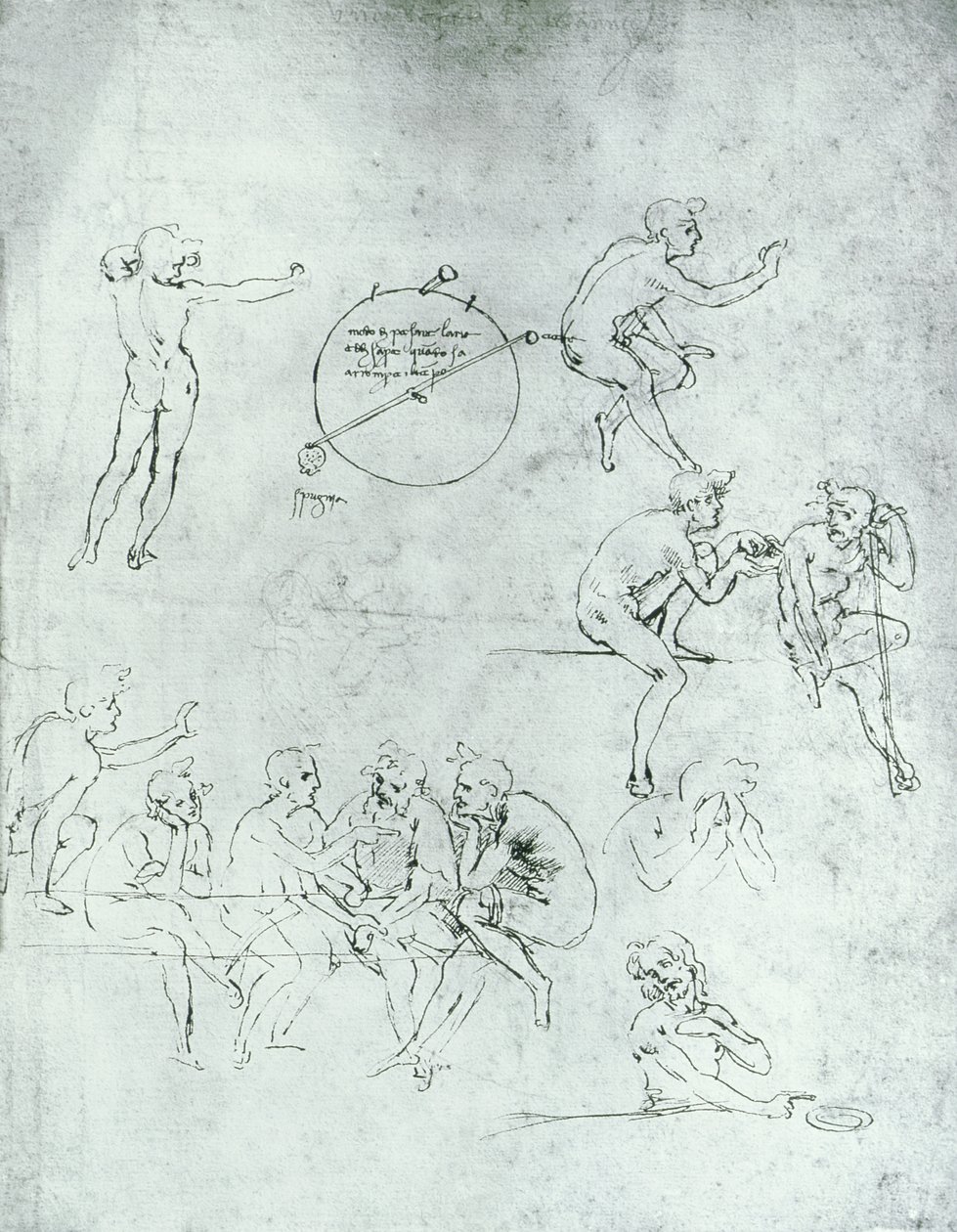 Studie postav pro „Klanění tří králů“ (pero a inkoust na papíře) od Leonardo da Vinci