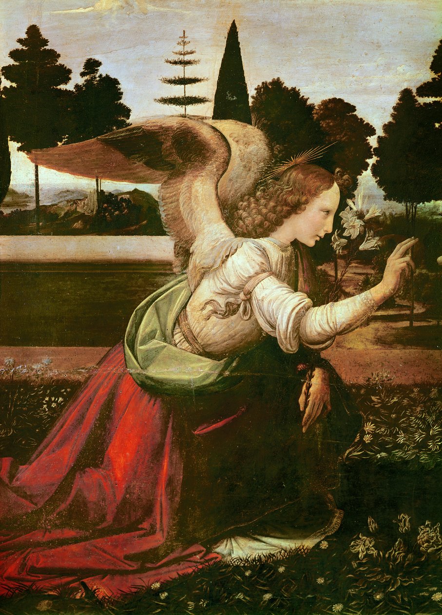 Detail anděla Zvěstování, kolem 1472-75 olej na dřevě od Leonardo da Vinci