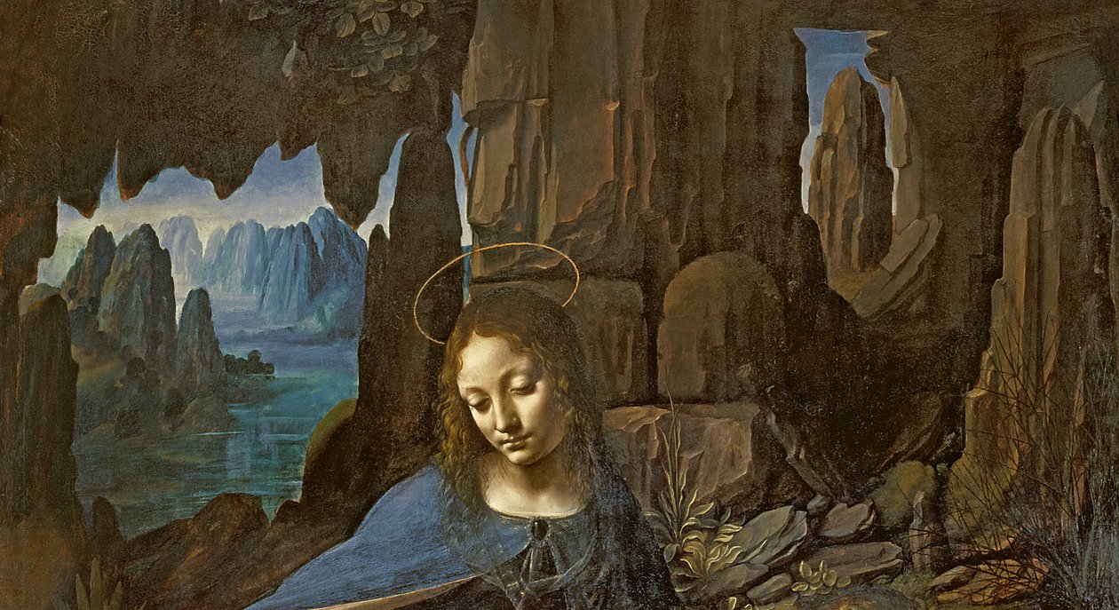 Panna ze skal s nemluvnětem svatým Janem klanícím se Kristu v doprovodu anděla, c.1508 olej na panelu detail 28916 od Leonardo da Vinci