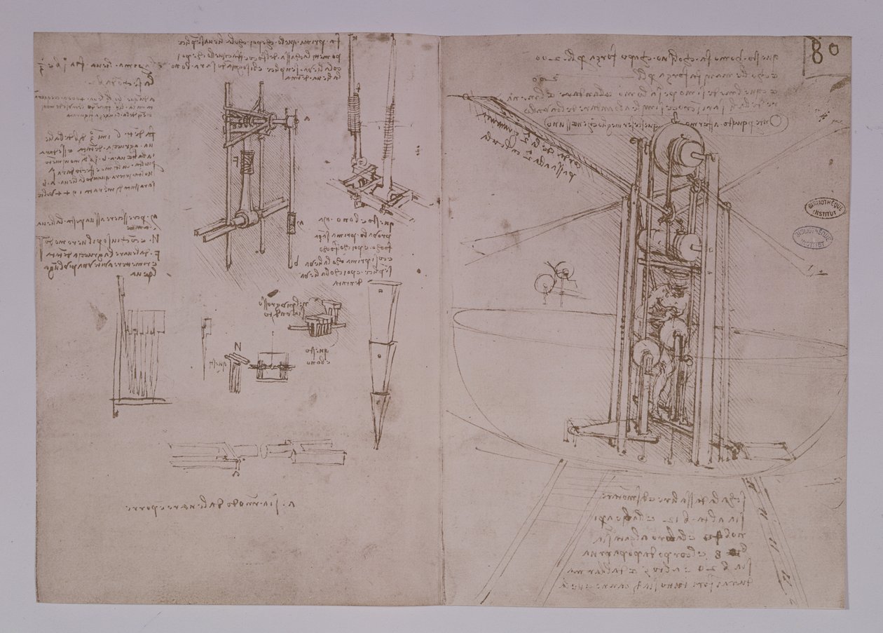 Vertikálně stojící létající stroj s ptačími křídly, fol. 80r z pařížského rukopisu B, 1488-90 (pero a inkoust na papíře) od Leonardo da Vinci