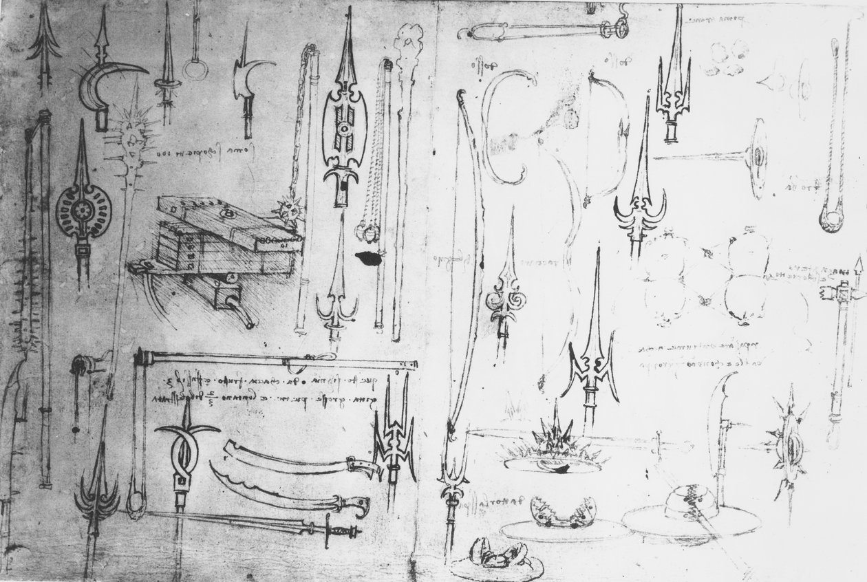 Zbraně a štíty, c.1487-88 (kovová jehla s perem a inkoustem na papíře) od Leonardo da Vinci