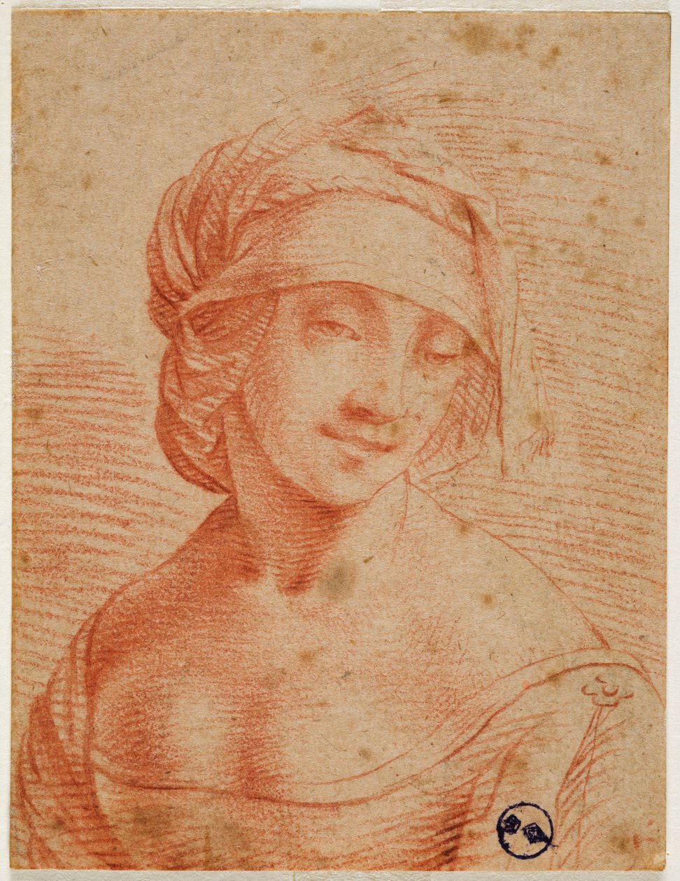 Busta mladé ženy s čepicí, první polovina 16. století (krev na papíře) od Leonardo da follower of Vinci