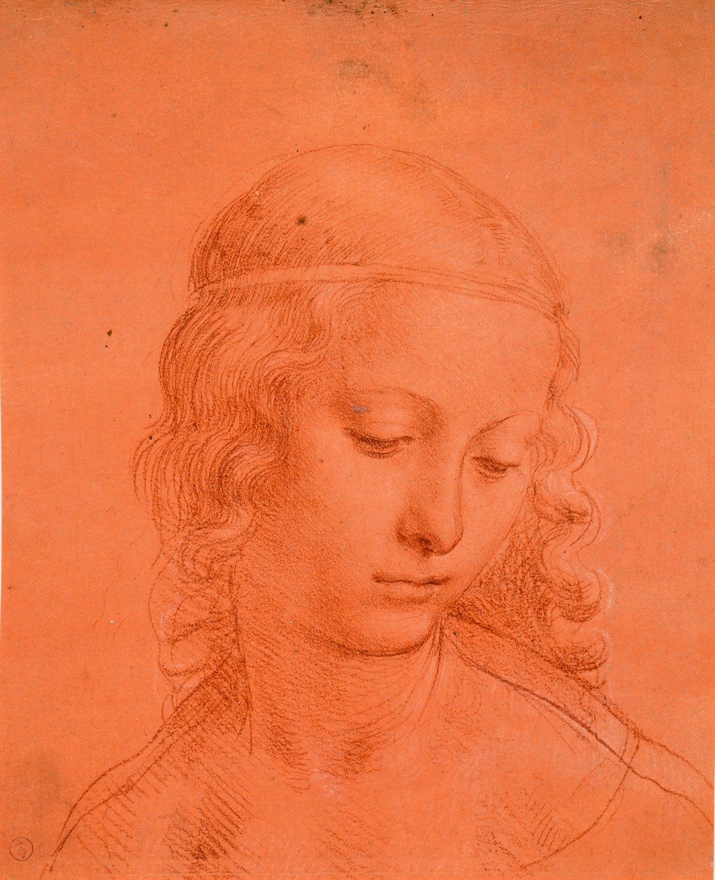 dívčí hlava, c. 1508-10 (krev s nádechem bílého laku na připraveném červeném papíře) od Leonardo da school of Vinci