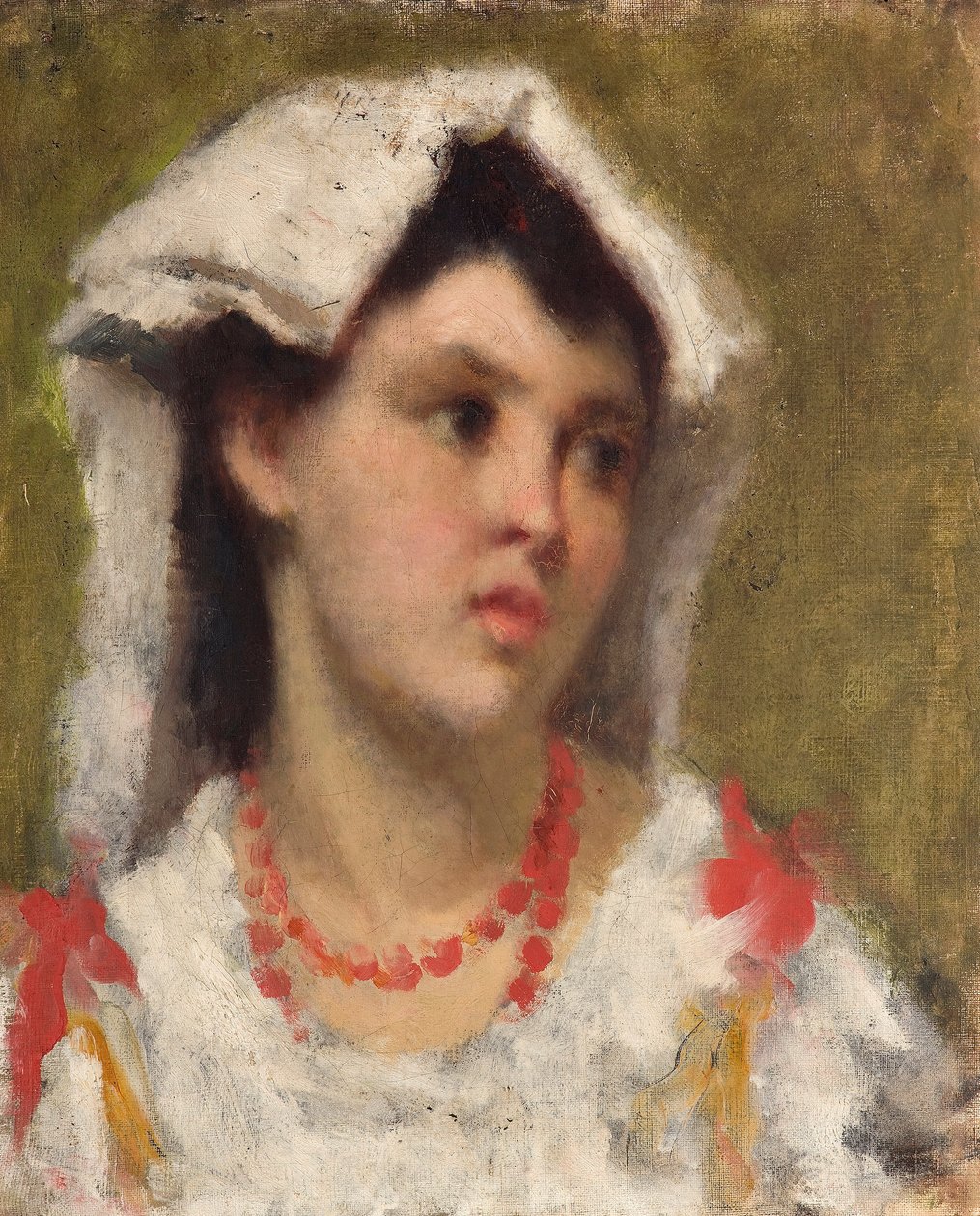 La ciociara Portrét selské ženy z oblasti Ciociaria u Říma (mladá dáma z Ciociaria u Říma) Malba Leonarda Bazzara (1853-1937) Soukromá sbírka od Leonardo Bazzaro
