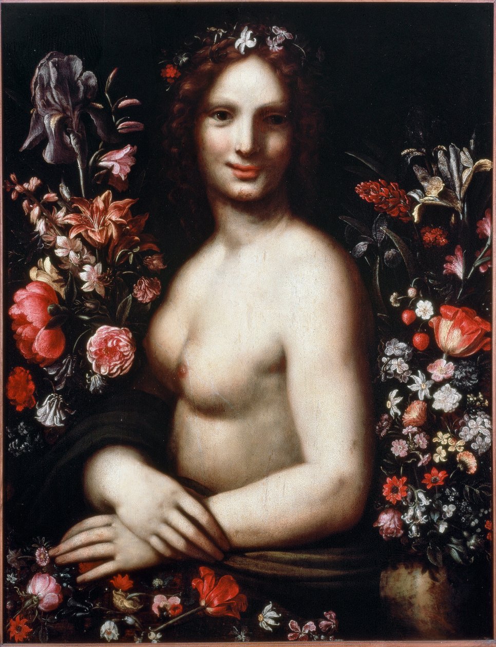Busta mladé ženy Flora (Flora) mezi květinami Předlohou by byla Mona Lisa (Mona nebo Monna Lisa) Malba podle kresby Leonarda da Vinci (Leonard de Vinci) (1452-1519) Bergamo 17. století, akademie Carrara od Leonardo da (after) Vinci