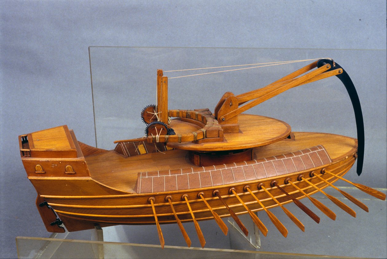 Escorpio, loď s eperonem. Model z kresby Leonarda da Vinciho (Leonardo da Vinci). Muzeum vědy a techniky, Milán. od Leonardo da (after) Vinci