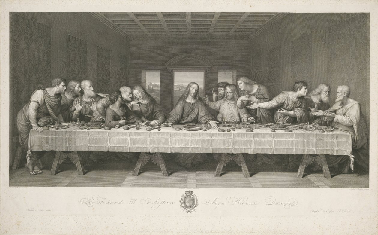 Poslední večeře, kreslil Teodoro Matteini, ryl Raphael Morghen (rytina) od Leonardo da (after) Vinci