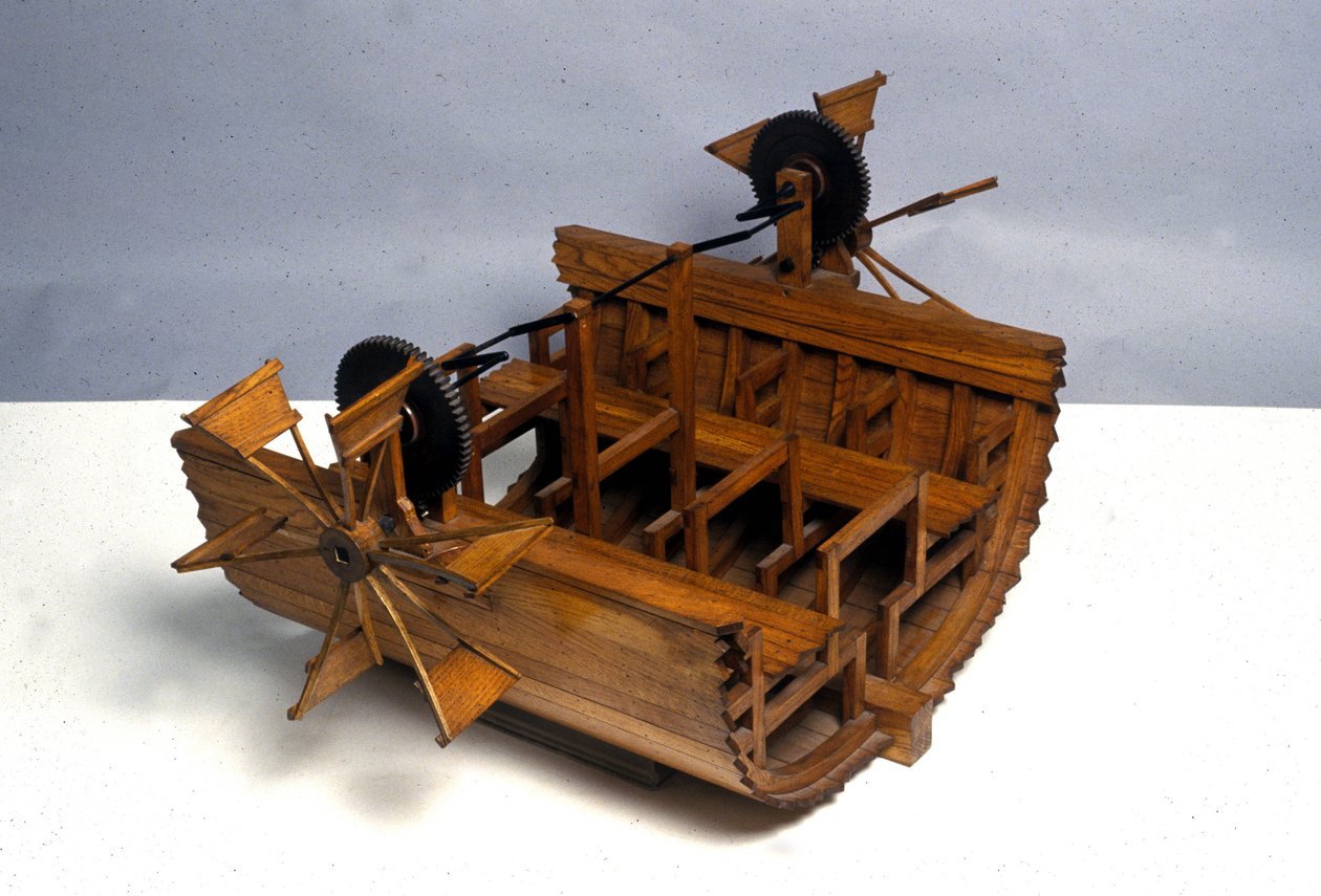Loď s kolovým pohonem. Model z kresby Leonarda da Vinciho (Leonardo da Vinci). Muzeum vědy a techniky, Milán. od Leonardo da (after) Vinci