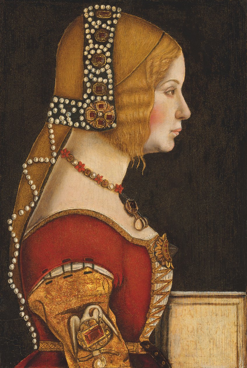 Portrét Isabely Aragonské, vévodkyně milánské (1470-1524), v polovině délky, z profilu vpravo (olej na desce) od Leonardo da (circle of) Vinci