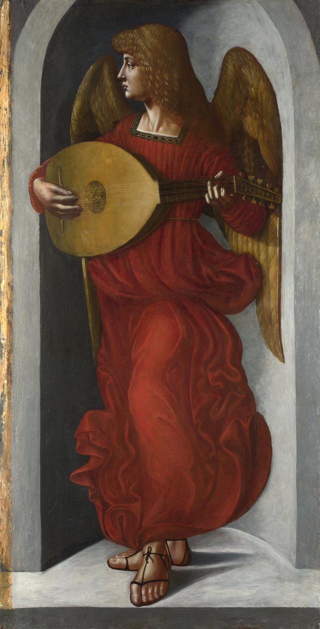"Anděl v červeném hrající na loutnu"" Obraz z doprovodu Leonarda da Vinci (Leonarda da Vinci) (1452-1519) cca 1490-1499 Londýnská národní galerie od Leonardo da (circle of) Vinci