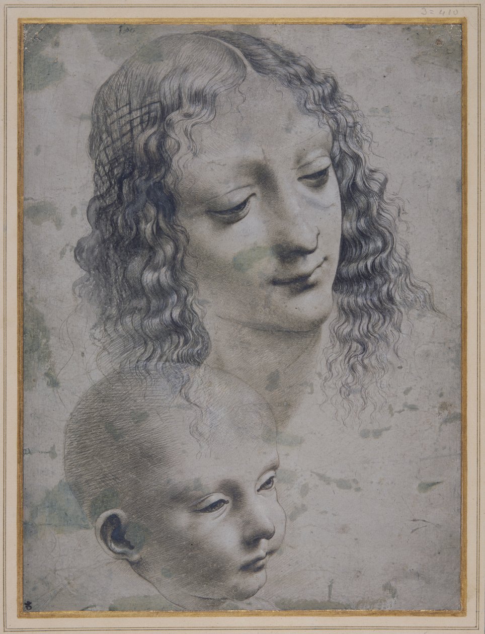 Hlava ženy a hlava dítěte (kovový hrot na šedém připraveném papíru) od Leonardo da (follower of) Vinci