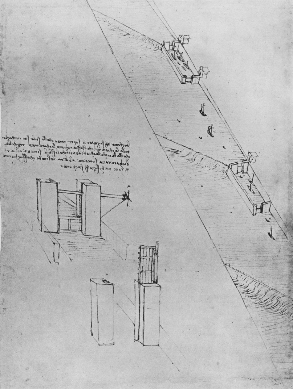 Kanál s plavebními komorami a jezy, c1480 1945 od Leonardo da Vinci