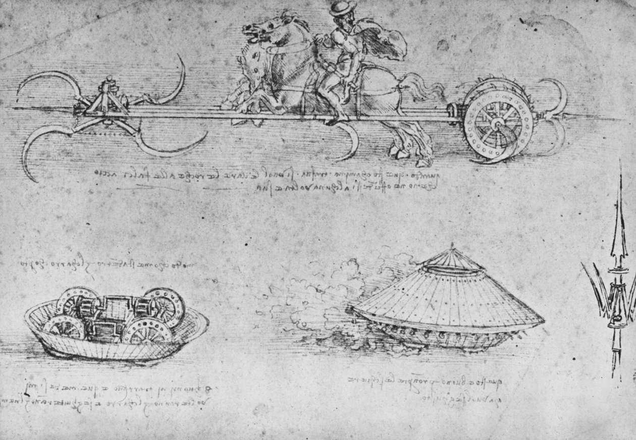 Vůz vyzbrojený kosami, dvě kresby tanku a partyzána, c1480 1945 od Leonardo da Vinci