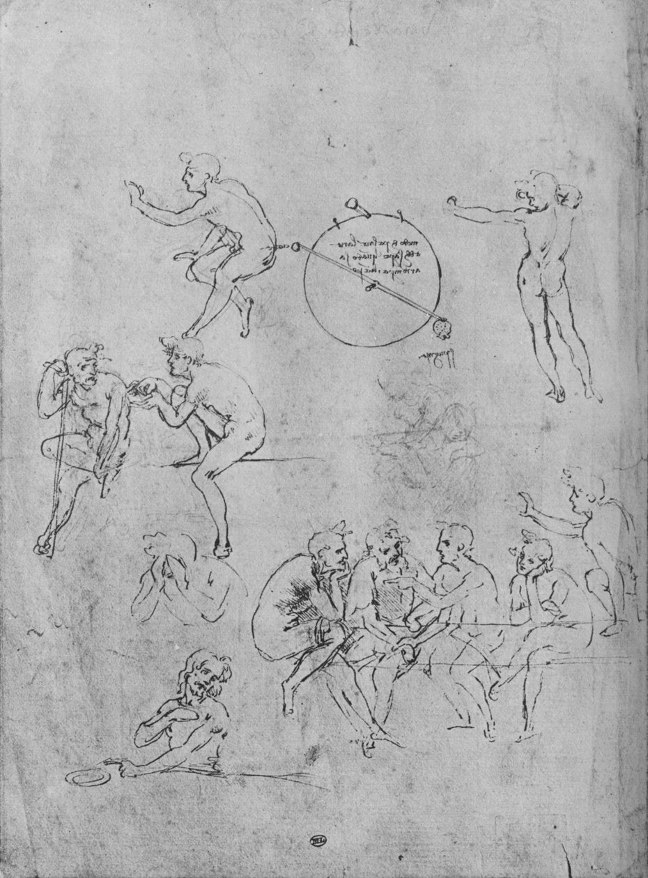 Skupina figur konverzujících u stolu, dvě figury v konverzaci a další, 1481-1483 1945 od Leonardo da Vinci