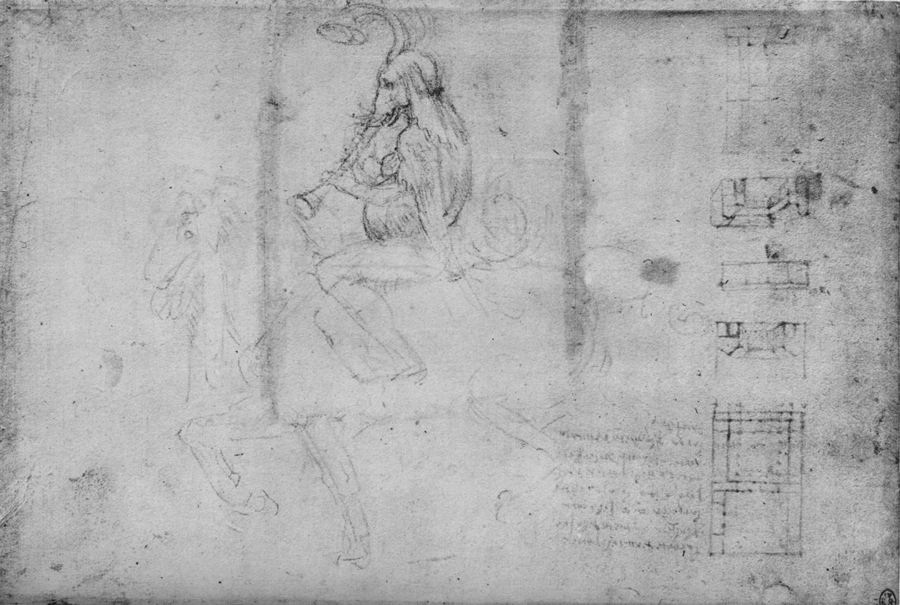 Muž s hlavou slona jedoucího na koni a architektonické skici, c1480 1945 od Leonardo da Vinci