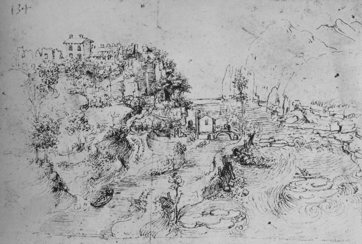 Řeka s kanálem podél a hrad na kopci, c1480 1945 od Leonardo da Vinci