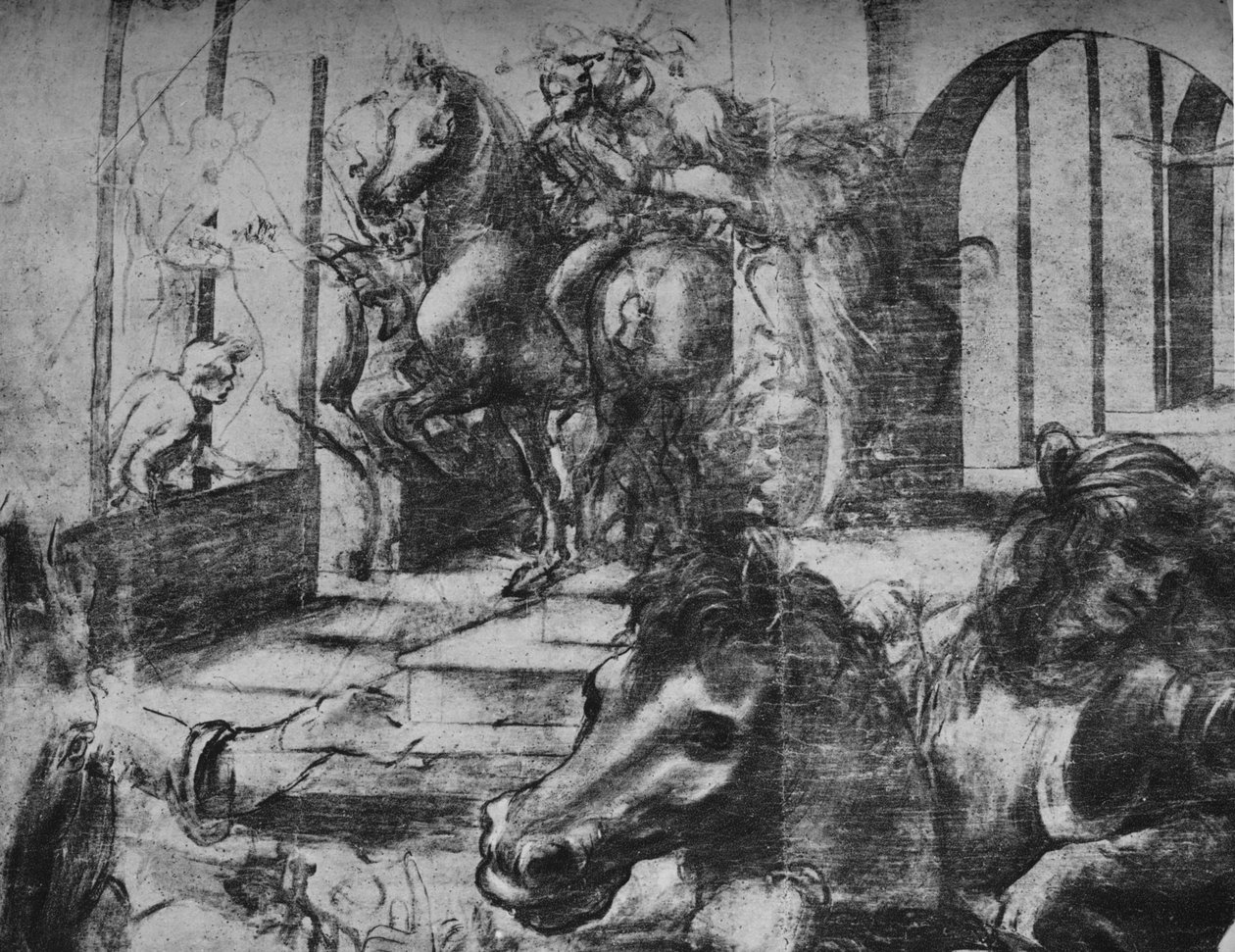 Klanění tří králů - Architektura a postavy v pozadí vlevo, c1481 1945 od Leonardo da Vinci