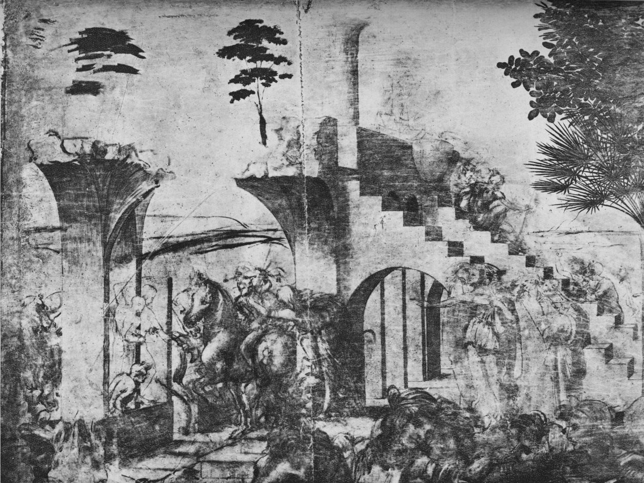 Klanění tří králů - Jezdci ve střední vzdálenosti vlevo, c1481 1945 od Leonardo da Vinci