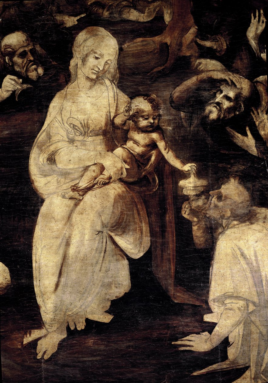 Klanění mágů. Detail Panny Marie. (olej na dřevě od Leonardo da Vinci