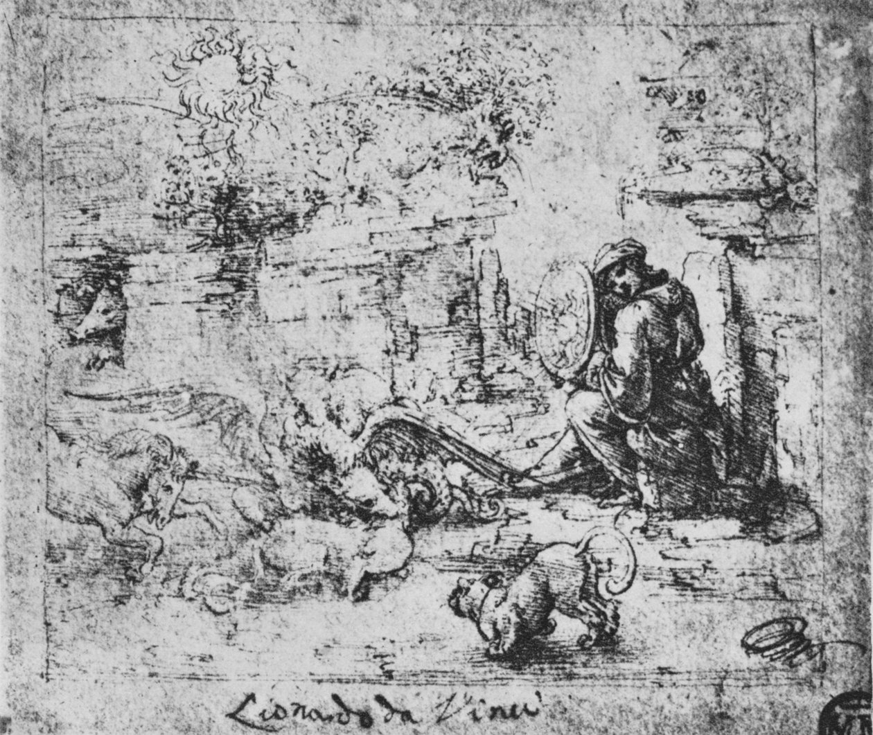 Alegorie: Boj zvířat a muž s hořícím sklem, c1480 1945 od Leonardo da Vinci