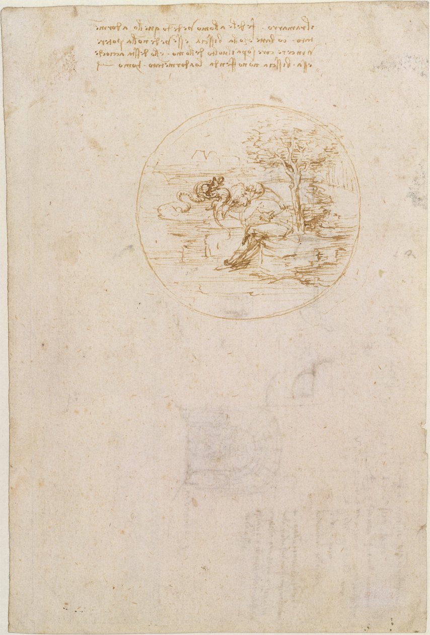 Alegorie o věrnosti ještěrky (líc); Návrh jevištní scény (rub) od Leonardo da Vinci