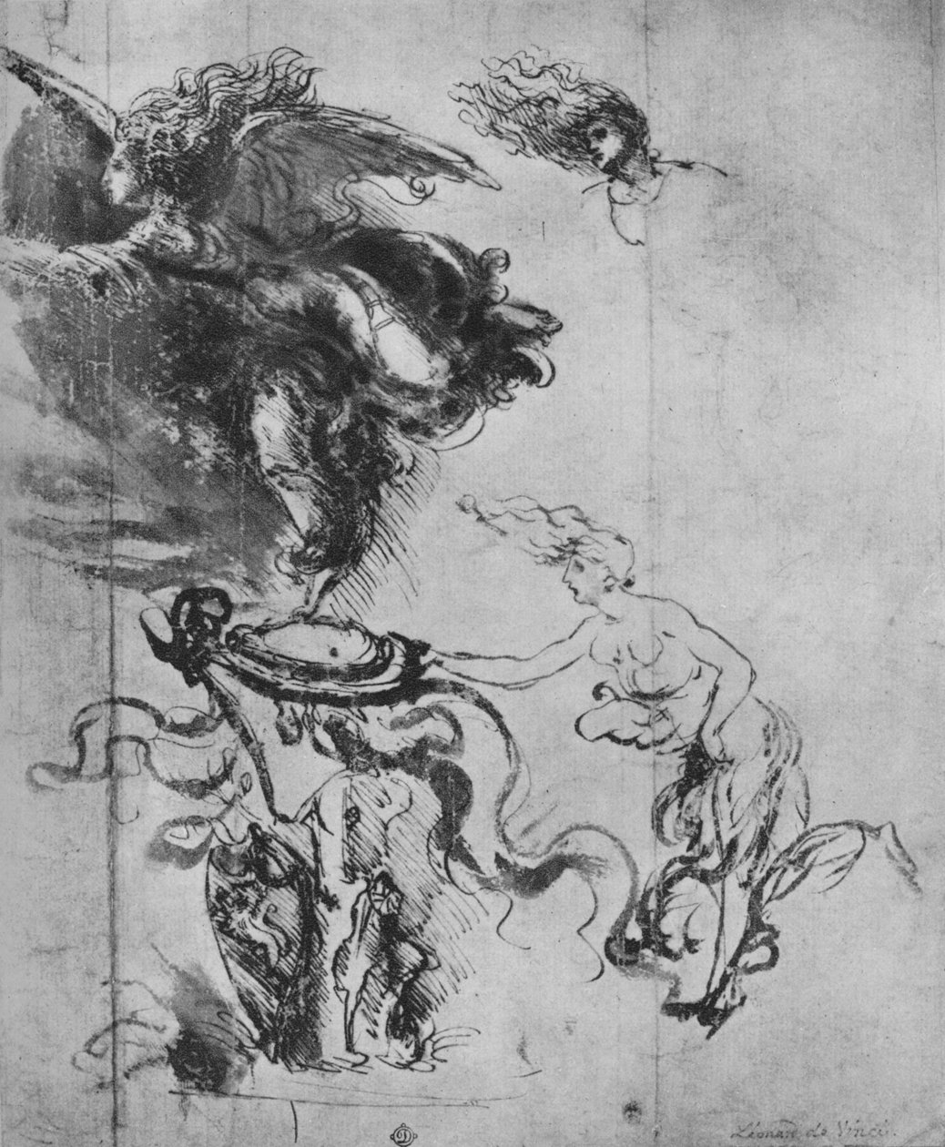 Anděl kladoucí štít na trofej a samostatné studie anděla, c1480 1945 od Leonardo da Vinci