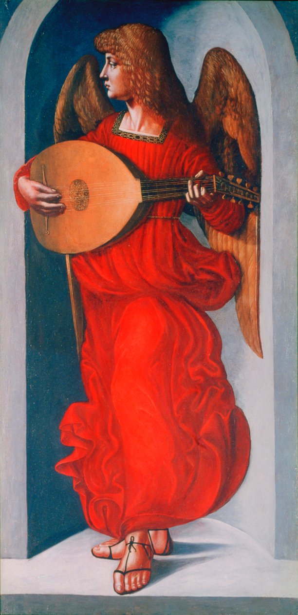 Anděl v červeném s loutnou, 1490-1499 od Leonardo da Vinci