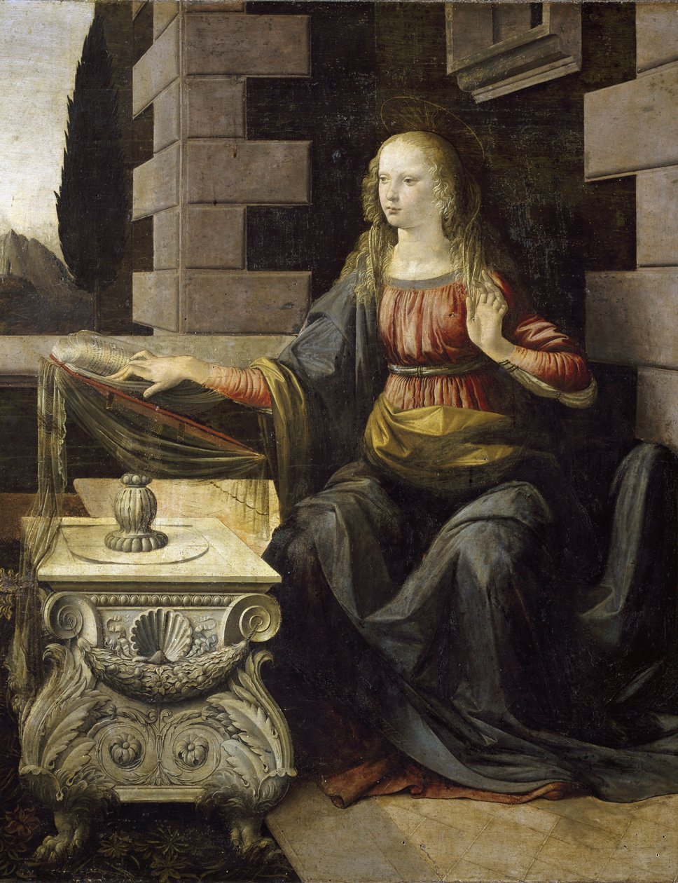 Zvěstování. Detail Panny Marie a jejího psacího stolu, zdobený mušlí sv. Jakuba (olej a tempera na dřevě, cca 1475) od Leonardo da Vinci