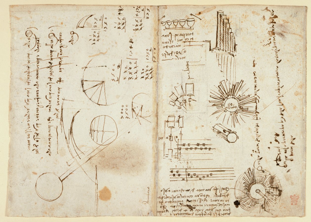 Arundel 263 f.137v, f.136 Poznámky a hrubá schémata (boční); matematické výpočty (na straně), z 