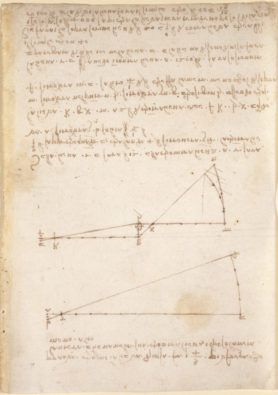 Arundel 263, f.214 Kresby mechanických sil a sil, perkuse, gravitace, pohybu, optiky a astronomie s různými aritmetickými a geometrickými návrhy (pero a inkoust na papíře) od Leonardo da Vinci