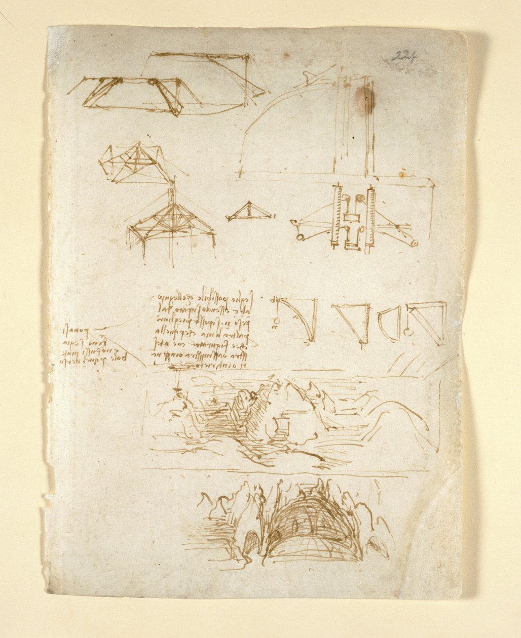 Arundel 263, f.224 Poznámky a schémata; náčrtky hor a jeskyně z 