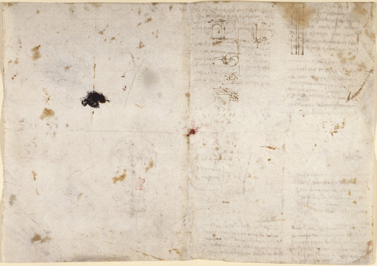 Arundel 263, f.225v, f.230 Kresby mechanických sil a sil, perkuse, gravitace, pohybu, optiky a astronomie, s různými aritmetickými a geometrickými návrhy (pero a inkoust na papíře) od Leonardo da Vinci