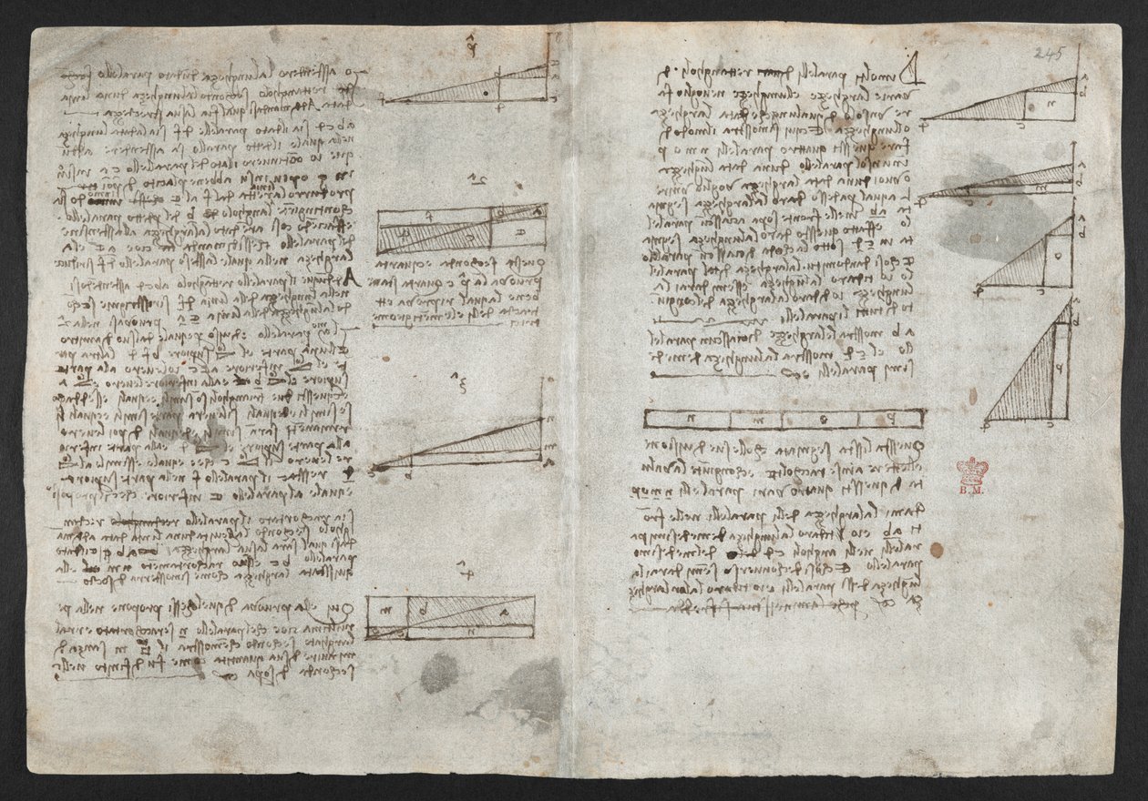Arundel 263, f.246v Kresby mechanických sil a sil, perkuse, gravitace, pohybu, optiky a astronomie, s různými aritmetickými a geometrickými návrhy, ilustrace z Leonardovy „Knihy pozorování“ (tuš na papíře) od Leonardo da Vinci